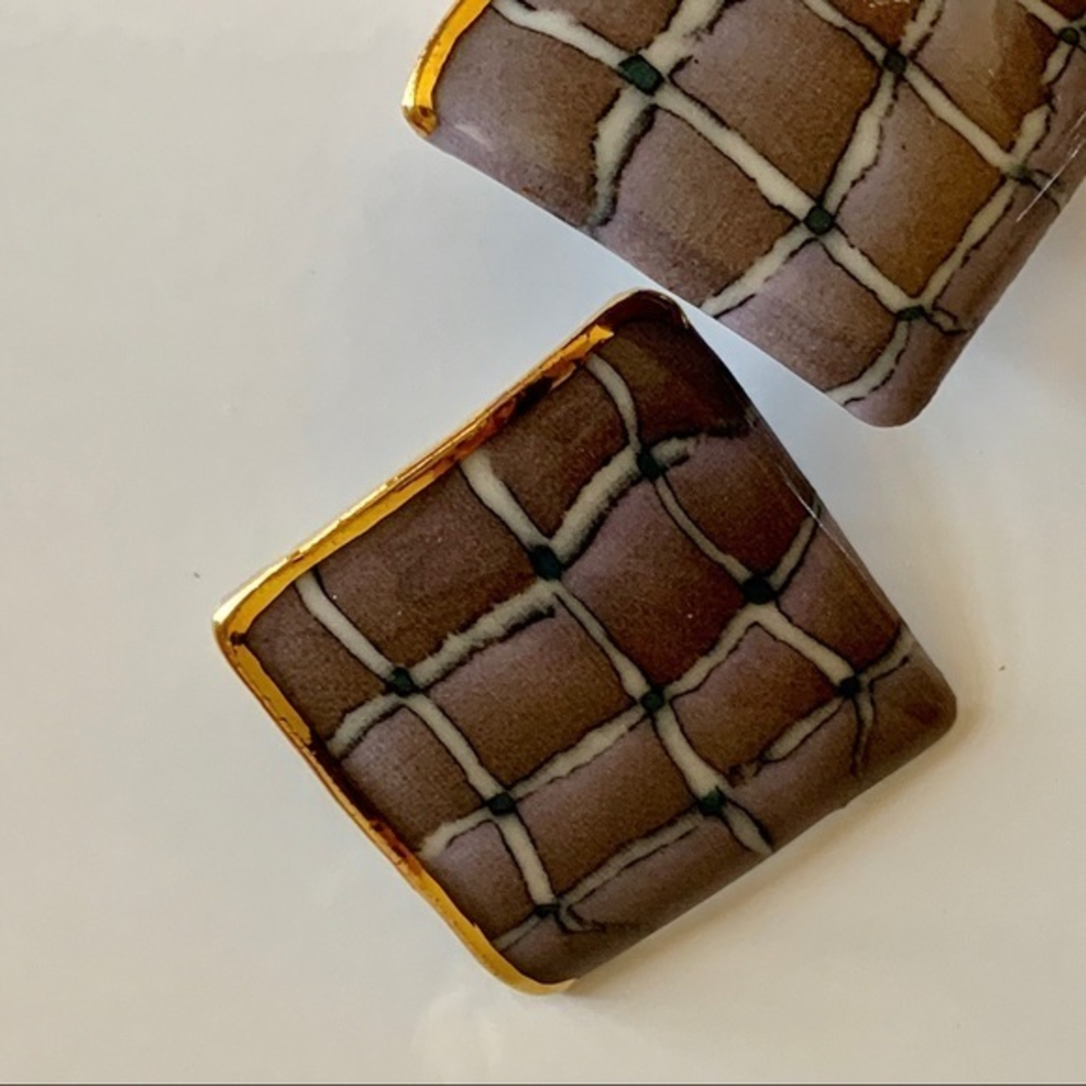 Vintage Neiman Marcus Porcelain Checkerboard Square Earrings Gold Purple Studs